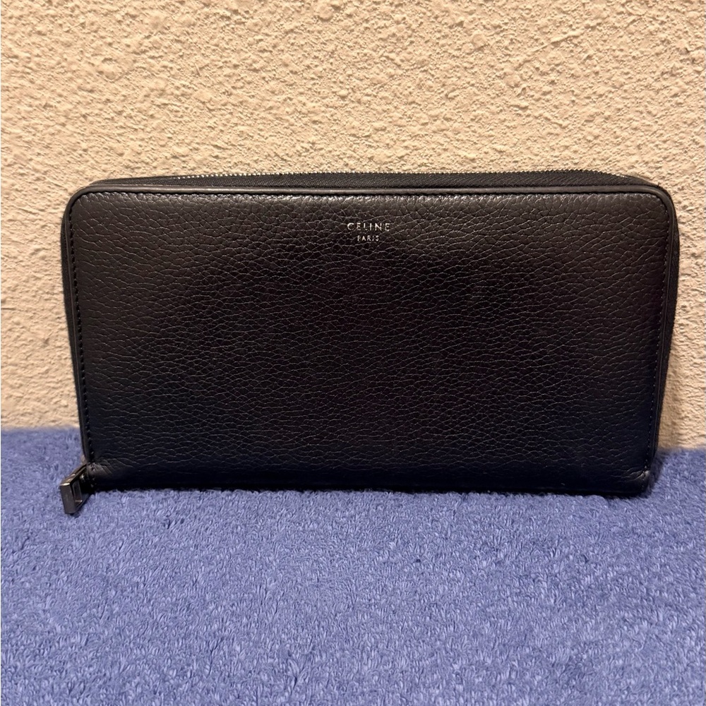 Celine Zip Around Wallet in Black Grained Calfskin Leather